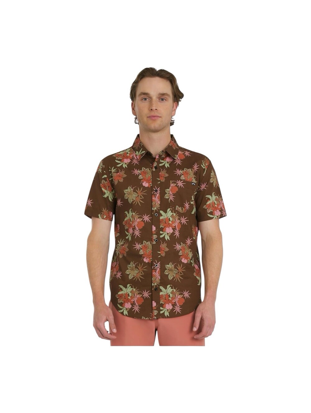Billabong Men's Hawaiian Woven Button Down Shirt, Brown, Short Sleeve, Size MED